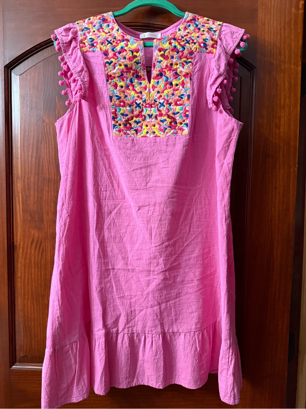 Bright Pink Embroidered Sleeveless Casual Dress